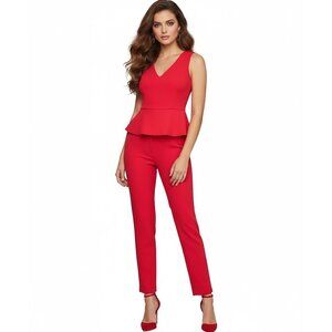 NWT BCBG MaxAzria Cerys in Lipstick Red Crepe Slim Leg Peplum Jumpsuit 2 x 30 ½